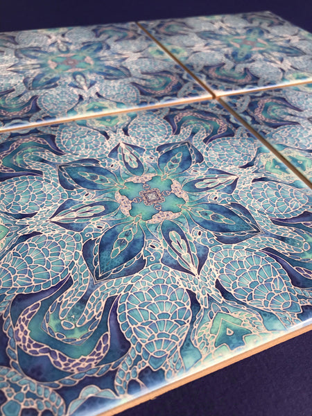 Blue turtle mandala tiles 6x6” squares with a smooth shiny surface, gorgeous aqua ultramarine & royal blue shades, hand printed by Meikie in her Studio. Perfect for a bathroom makeover as a full wall, border or individual tiles set into plain tiles.