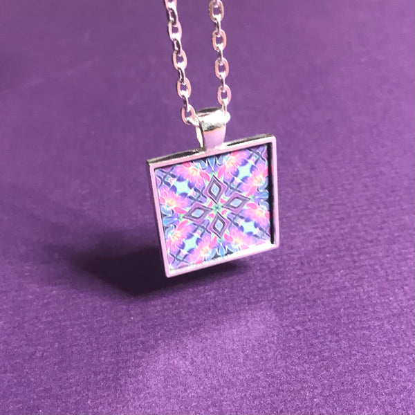 Pink Purple Iris Kaleidoscope Necklace - Square Tile Pendant - Affordable gift