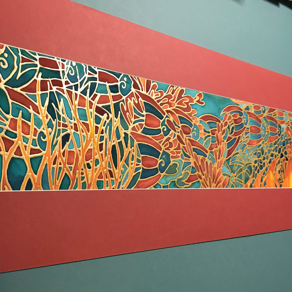 Vibrant Tropical Fish Coral Reef Original Silk Painting - Bold Red Orange Gold Hand-Painted Silk Art