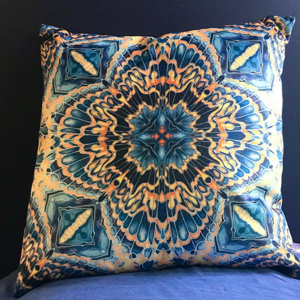 Contemporary Grey Blue Orange Velvet Cushions - Dramatic Moth Kaleidoscope Design Luxury Velvet Cushions