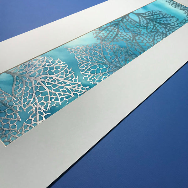 Hydrangea Skeleton Leaves Original Silk Painting - Frosty Blues Hand-Painted Silk Art