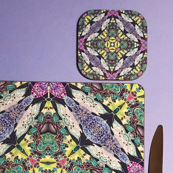 Kaleidoscope Butterfly Square Table Mats & Coasters - Lilac Charcoal Pink and Green Table Mats