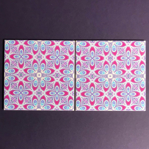 Lavender Plum Eye of the Peacock Feather Tiles - Blue Lilac Tiles  - Bohemian Nouveau Ceramic Hand Printed Tiles