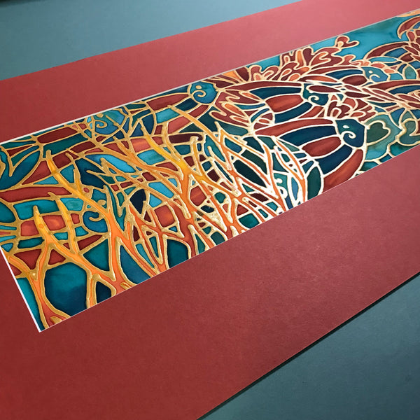 Vibrant Tropical Fish Coral Reef Original Silk Painting - Bold Red Orange Gold Hand-Painted Silk Art