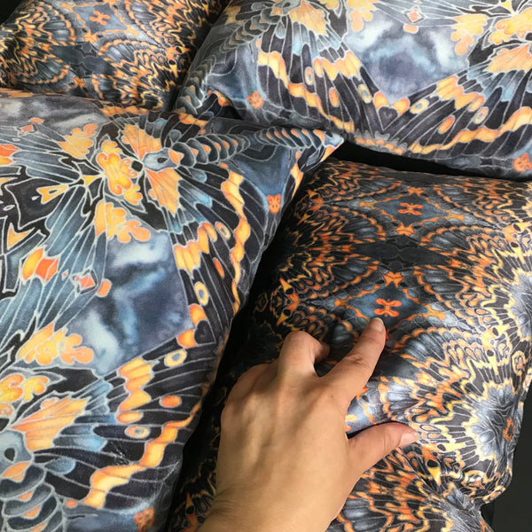 Set of Four Contemporary Grey Black Burnt Orange Velvet Cushions - Dramatic Moth Patterned Kaleidoscope Design Luxury Velvet Cushions