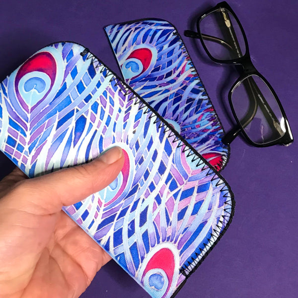 Blue Purple Red Peacock Feathers glasses cover - Reading / Large Glases Cover