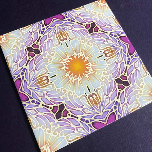 Pretty Stylised Daisy Tiles - Creamy White and Plum Bohemian Ceramic Printed Tiles