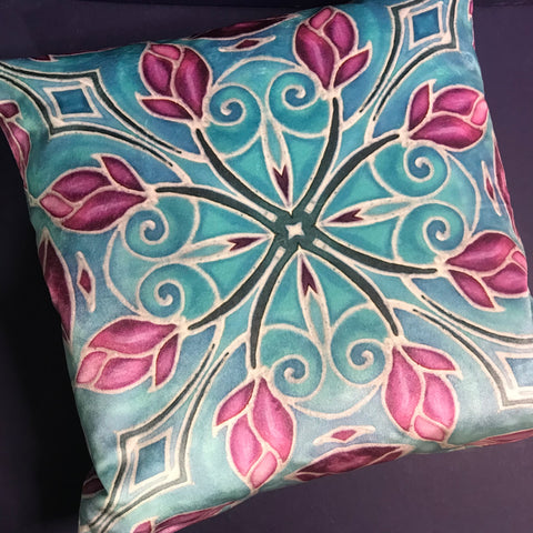 Folk Art Sky Blue and  Pink Magnolias Luxury Velvet Cushions, High Quality Decor Throw Pillows