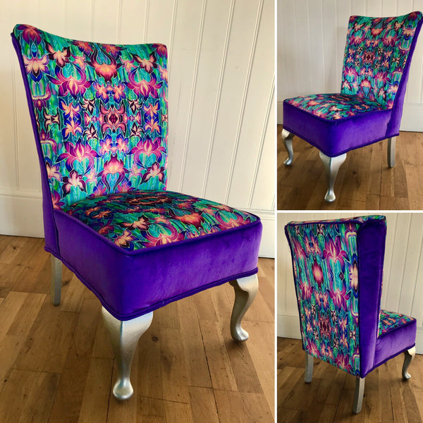 SOLD Purple Irises Bedroom Chair - Iris Flowers Small Chair - Bespoke Upholstery.