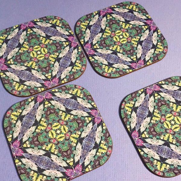Kaleidoscope Butterfly Square Table Mats & Coasters - Lilac Charcoal Pink and Green Table Mats