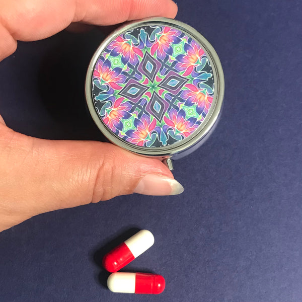 Pink Purple Green Fiesta Compact Pill Box - Stud Earing Jewellery Box