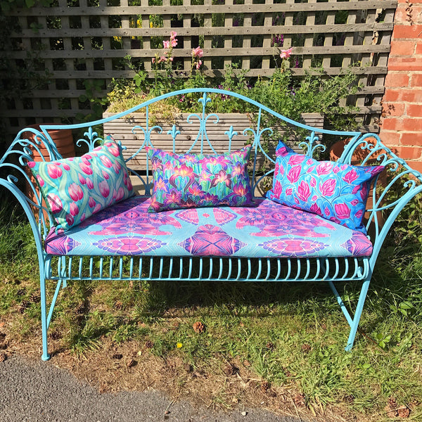 Purple Irises Showerproof Cushion - Showerproof Canvas Garden Textiles - pink and mint green colours