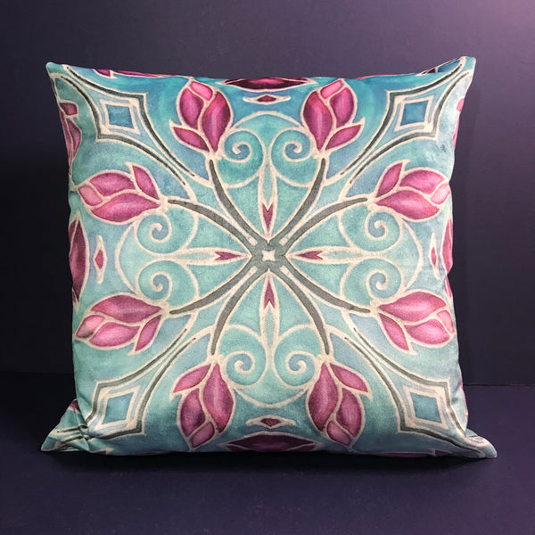 Folk Art Sky Blue and  Pink Magnolias Luxury Velvet Cushions, High Quality Decor Throw Pillows