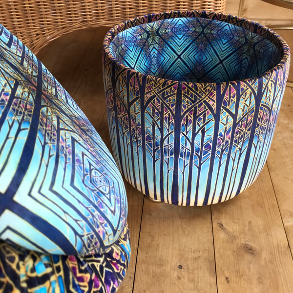 SOLD Stunning Cathedral Window Round Footstool with storage - one off Bespoke Upholstery.