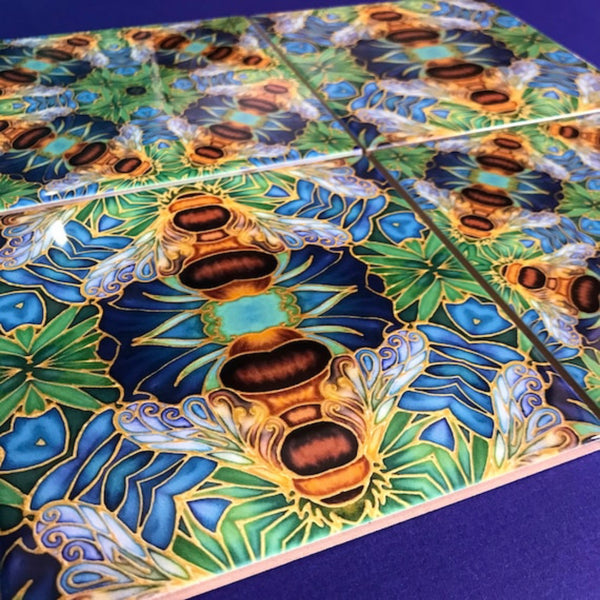 Blue green square 6x6”  mixed design bee tiles. Honey bee bathroom tiles. Bumble bee kitchen tiles. bathroom remodel. kitchen makeover. Hand printed by Meikie