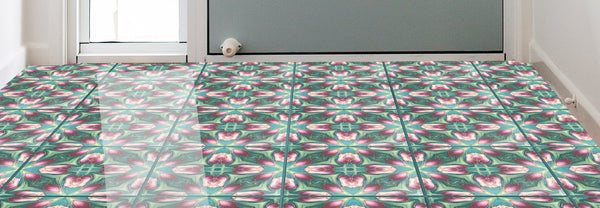 Art Nouveau Pink and Green Tulip Floor Tiles - 20x20cm Interior and Exterior