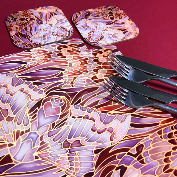 Moths Placemats & Coasters - Chocolate Lilac Grey Table Mats - glass chopping boards
