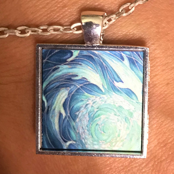 Blue Aqua Dolphins Necklace - Square Dolphin Pendant - Affordable gift