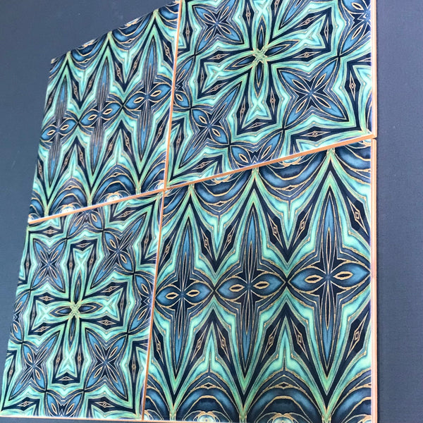 Mixed Set of Blue Teal Geometric Fusion Tiles -  Ceramic Hand Printed Bathroom Kitchen Tiles