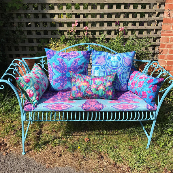 Purple Irises Showerproof Cushion - Showerproof Canvas Garden Textiles - pink and mint green colours