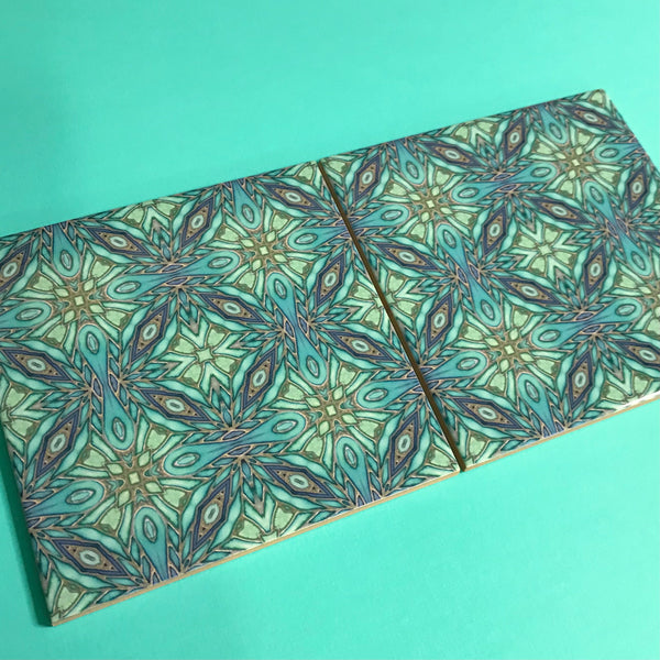 Bohemian 6x6” Mint Aqua Green Turquoise Mosaic Star Tiles - Beautiful Green Turquoise Tiles - Bohemian Ceramic printed  Tiles