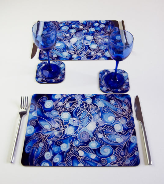 Table Mats Cobolt Blue -  Blue Swallows Place Mats - Blue Glass Chopping Boards -Swallows Coasters