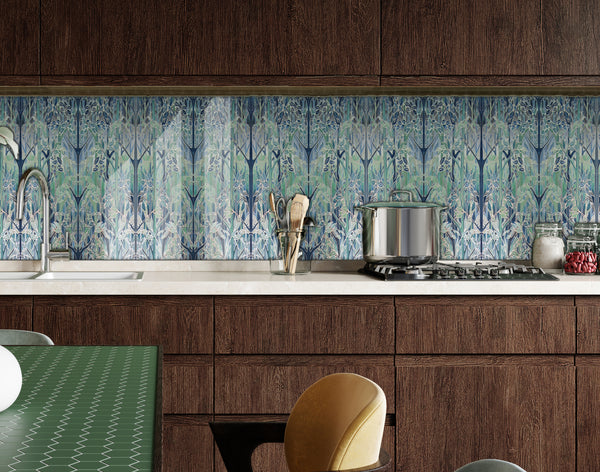 Contemporary Teal Forest Splashback  - Teal Blue Aqua Taupe Made to Measure Glass Splashback