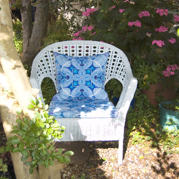 Blue Shell Garden Seat Pad - Made to Order Exterior Textiles - Pretty Shower Proof Fabrics