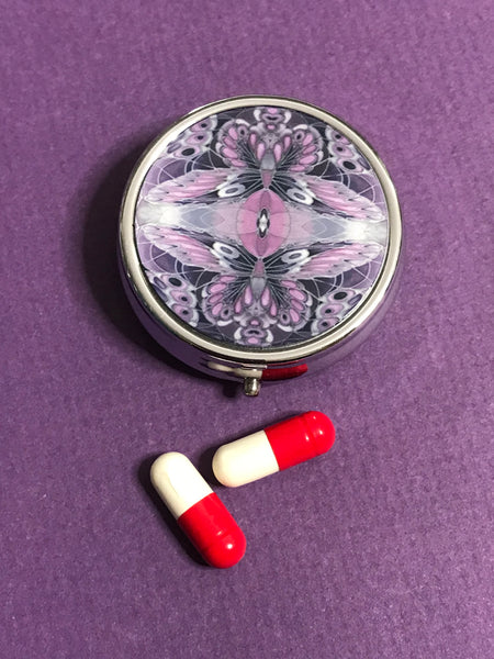 Goth Punk Purple Black Butterflies Pill Box - Round Medicine Box - Stud Earing Jewellery Box