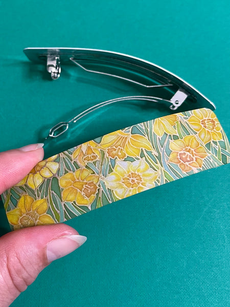 Spring Daffodils Flower Hair Slide Barrette - Yellow Flower Arts and Crafts Style Hair Clip.