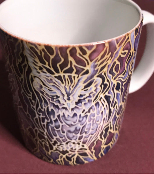 Hidden Owl mug and matching coaster set. camouflaged owl against tree bark. warm chocolate shades with grey lilac highlights and gold detailing. nature & wildlife lovers gift. gift for him. woodland gift.