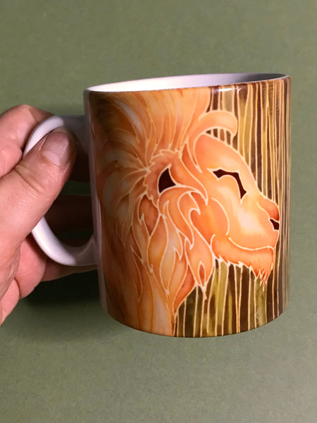 Golden Lion Mug & Coaster - Mighty Lion Mug Box Set - Green Gold Yellow - Wildlife Lovers Mug Gift