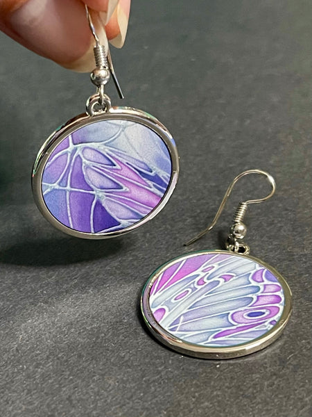 Pretty Lilac Butterfly Wings Round Drop Earings - Delicate Nature Lovers Gift