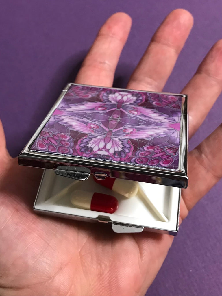 Pink Plum Art Nouveau Style Large Pill Box - Twin Butterfly Stud Earing Jewellery Box