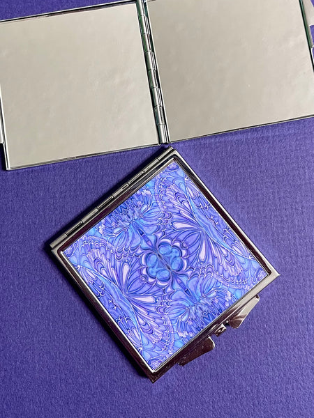 Blueberry Butterflies Handbag Mirror for her -  Pretty Blue Folding Pocket Compact Makeup Mirror Gift for Girl, Mum, Auntie, Friend, Teacher