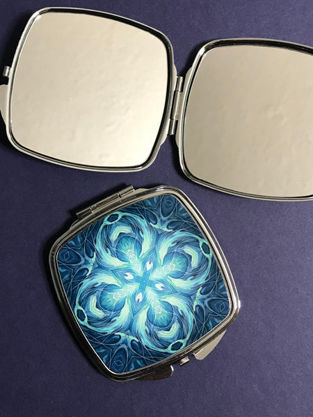 Blue Teal Aqua Diamond Dolphins Pocket Mirror - Pretty Handbag Mirror - Gift for Her