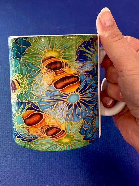 Extra Large Bee Mug. Blue Green Bees & Flowers mugs BIG and standard sizes. honey bee mug & coaster box set. bumble bee gift set. bee keepers gift. bee lovers gift. gift for him. gift for teacher. gift for her. tea coffee lovers gift. gardeners gift.