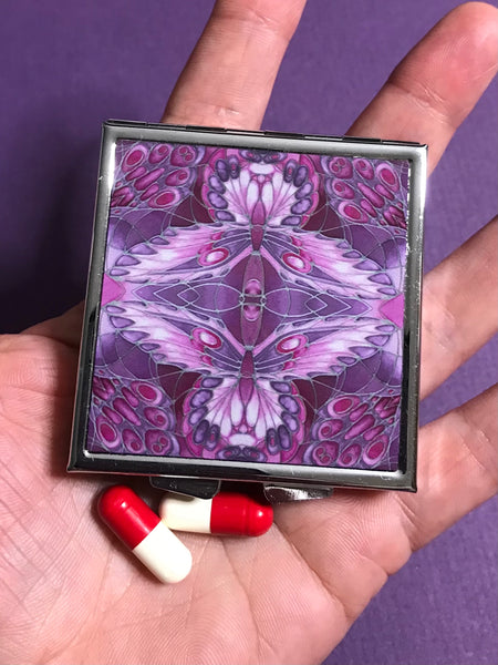 Pink Plum Art Nouveau Style Large Pill Box - Twin Butterfly Stud Earing Jewellery Box
