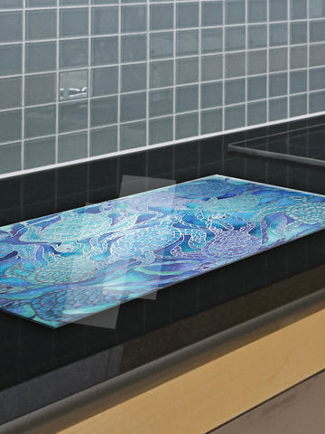 Stunning Extra Large Blue Turtles Glass Counter Saver - Ultramarine Aqua Worktop Protector