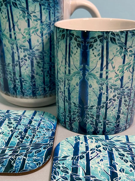 Blue Teal Trees Mug in Extra Large & Regular Sizes, add Coaster for Box Set - Great Gift for Tree, Woods, Forests, Nature, Tea or Coffee Lovers. Man sized Mug. Gifts for Men.