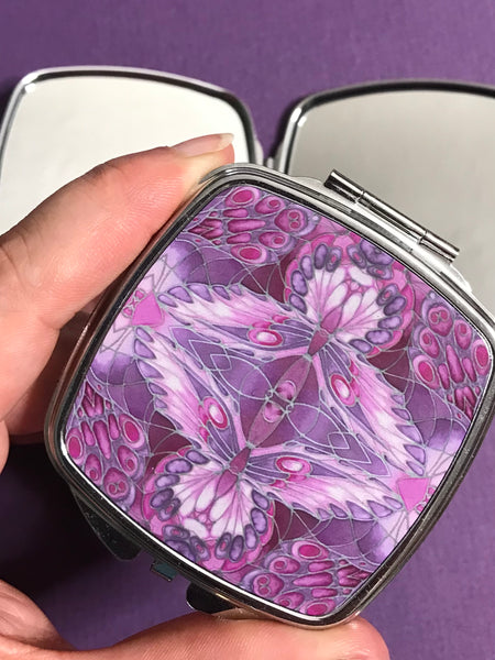 Art Nouveau Butterfly Pocket Mirror in Pink and Plum - Pretty Folding Handbag Mirror - Gift for Her