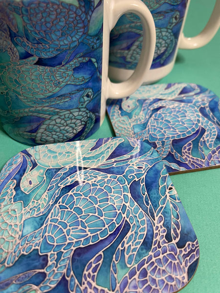 Blue Aqua Turtles Mug and Coaster - Extra Large & Regular Mug Sizes Turtles Lovers Mug Gift Box Set -