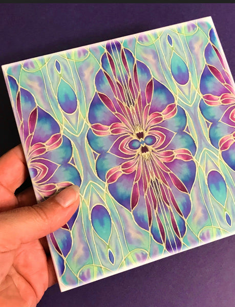 Persian Orchid Tiles -Turquouse Blue Purple Lilac Tiles  - Bohemian Nouveau Ceramic Hand Printed Tiles