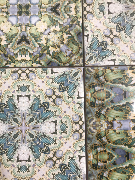 Nouveau Style Teal & Sage Green Butterfly Tiles - Beautiful Tranquil Kitchen or Bayhroom Ceramic hand printed  Tiles