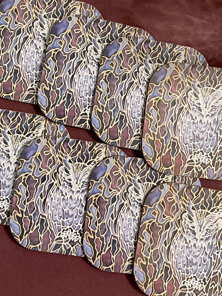 Hidden Owl coaster set. camouflaged owl against tree bark. warm chocolate shades with grey lilac highlights and gold detailing. nature & wildlife lovers gift. gift for him. woodland gift.