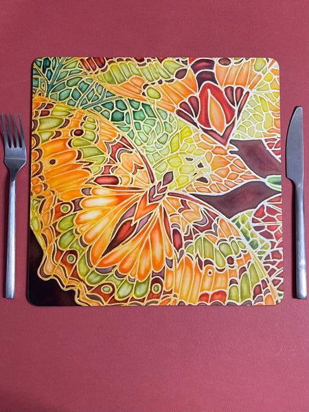 Tableware, placemats, table mats, coasters, chopping boards, trivets, mugs, mouse mats, square table mats, round table mats, rectangular placemats, caramel terracotta green butterflies.