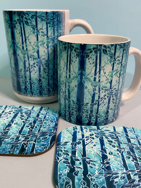 Blue Teal Trees Mug in Extra Large & Regular Sizes, add Coaster for Box Set - Great Gift for Tree, Woods, Forests, Nature, Tea or Coffee Lovers. Man sized Mug. Gifts for Men.