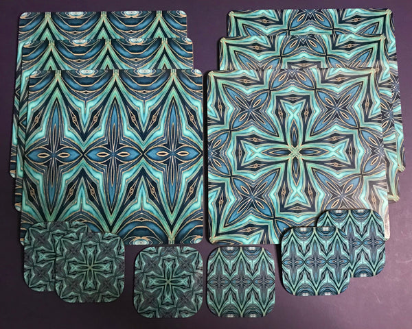 Teal Blue Geometric Fusion Square Table Mats & Coasters - Place