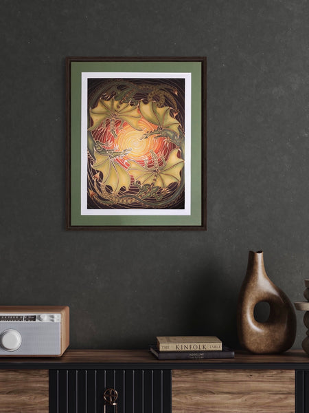 Sun Dragon Family Print - Mythical Creatures Art Print - Fiery Dragons Living Room Art