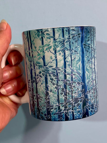 Blue Teal Trees Mug in Extra Large & Regular Sizes, add Coaster for Box Set - Great Gift for Tree, Woods, Forests, Nature, Tea or Coffee Lovers. Man sized Mug. Gifts for Men.